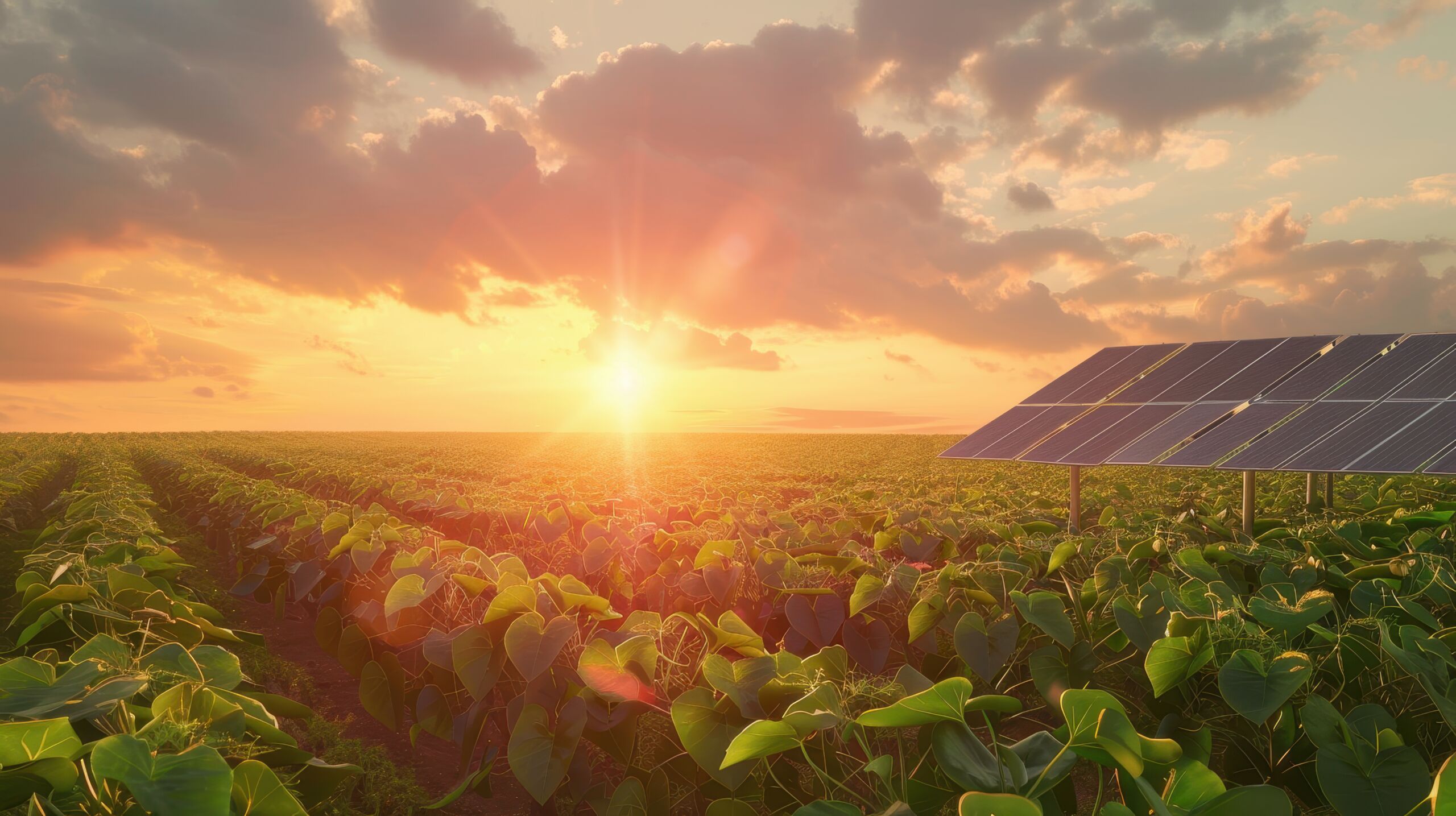 Sunset over a lush green field with solar panels, showcasing a blend of nature and renewable energy technology.